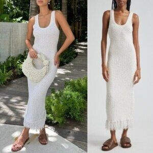 NWT A.L.C. Clementine Boucle Knit Natural White Marl Fringe Midi Dress Size XS